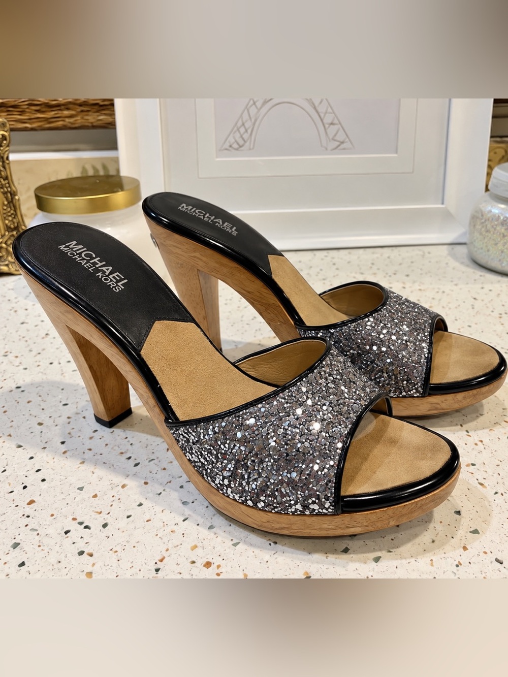 MICHAEL Michael Kors Glitter Wooden Sandal‎ Heels